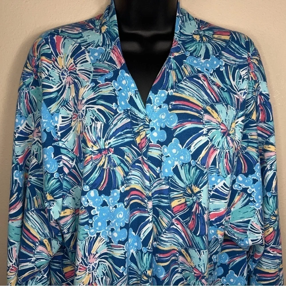 3XL XXXL BLUE ABSTRACT FLORAL SHRUG TOP BLOUSE OPEN FRONT COLORFUL LONG SLEEVE